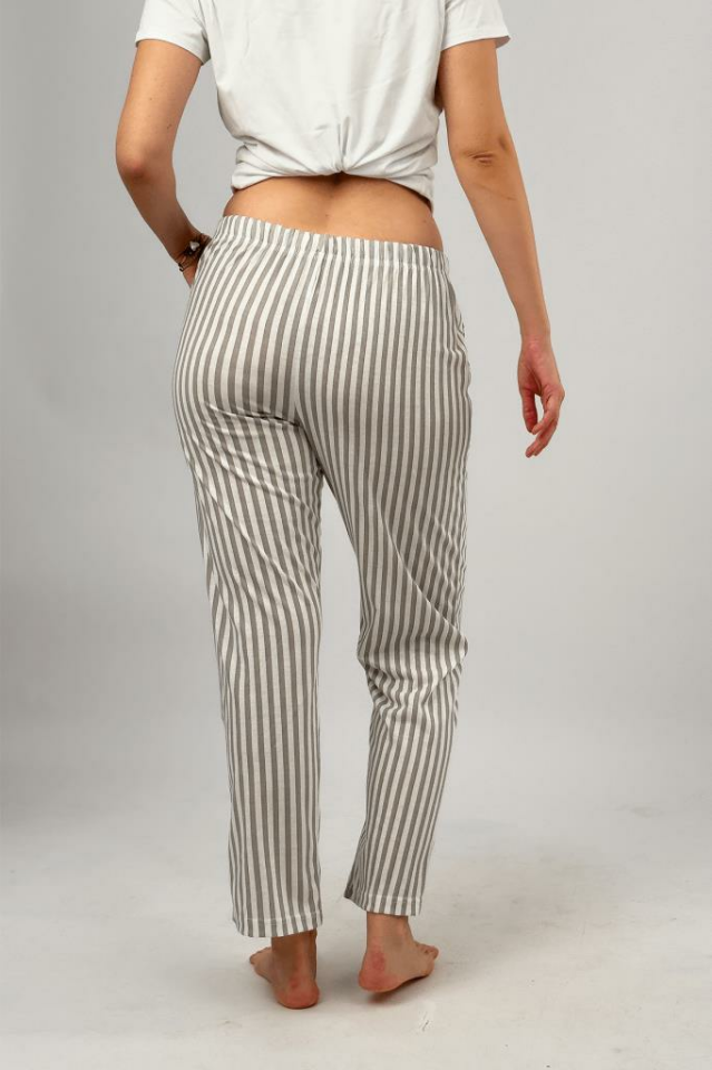 Kadın Cepli Pamuklu Lastikli Bel Kurdeleli Desenli Pijama Altı Gri Çizgili - XL