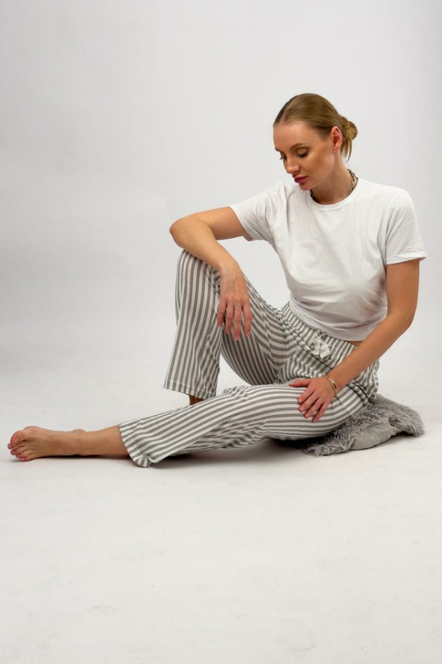 Kadın Cepli Pamuklu Lastikli Bel Kurdeleli Desenli Pijama Altı Gri Çizgili - XL