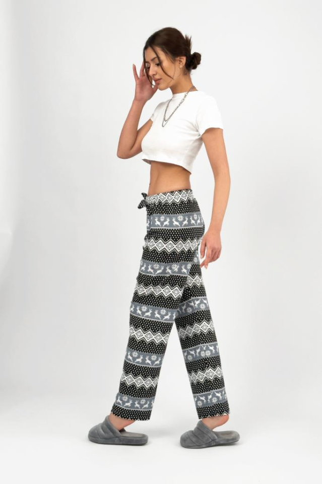 Kadın Kadife Pijama Altı Eşofman Pamuklu Siyah Geyikli - L