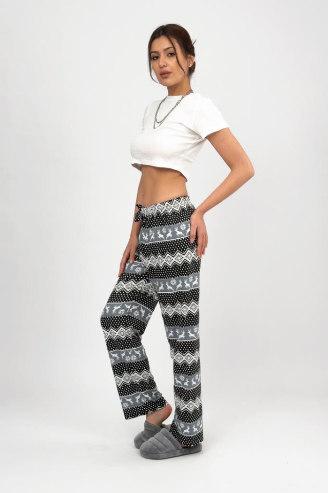 Kadın Kadife Pijama Altı Eşofman Pamuklu Siyah Geyikli - L