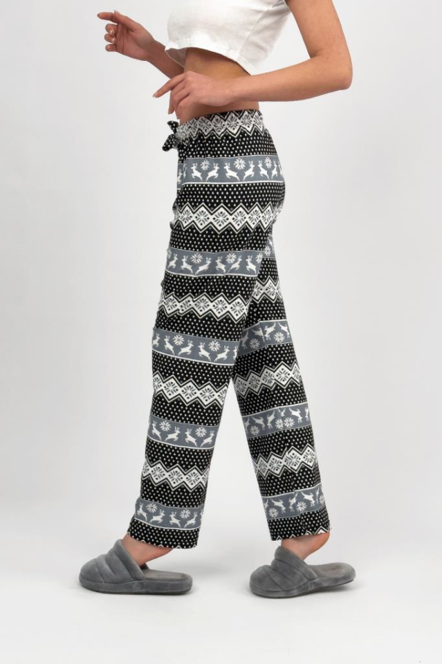 Kadın Kadife Pijama Altı Eşofman Pamuklu Siyah Geyikli - L
