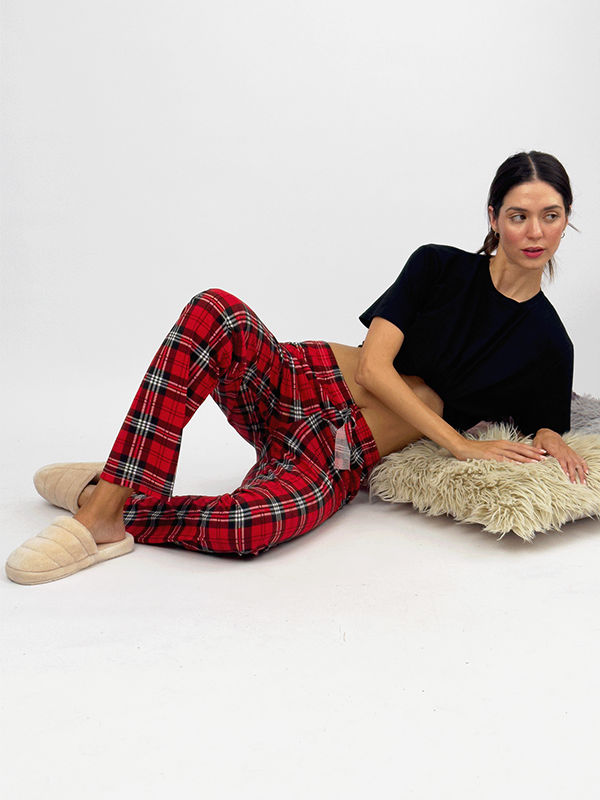 Kadın Lastikli Bel %100 Pamuk Kurdeleli Desenli Pijama Altı KIRMIZI - M