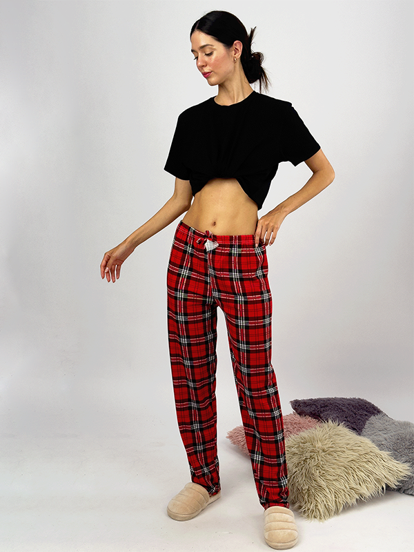Kadın Lastikli Bel %100 Pamuk Kurdeleli Desenli Pijama Altı KIRMIZI - M