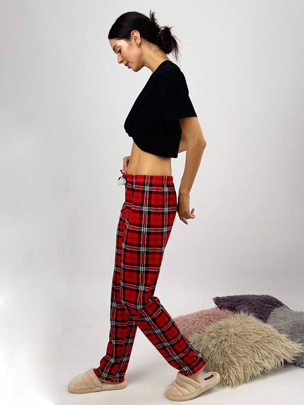 Kadın Lastikli Bel %100 Pamuk Kurdeleli Desenli Pijama Altı KIRMIZI - M