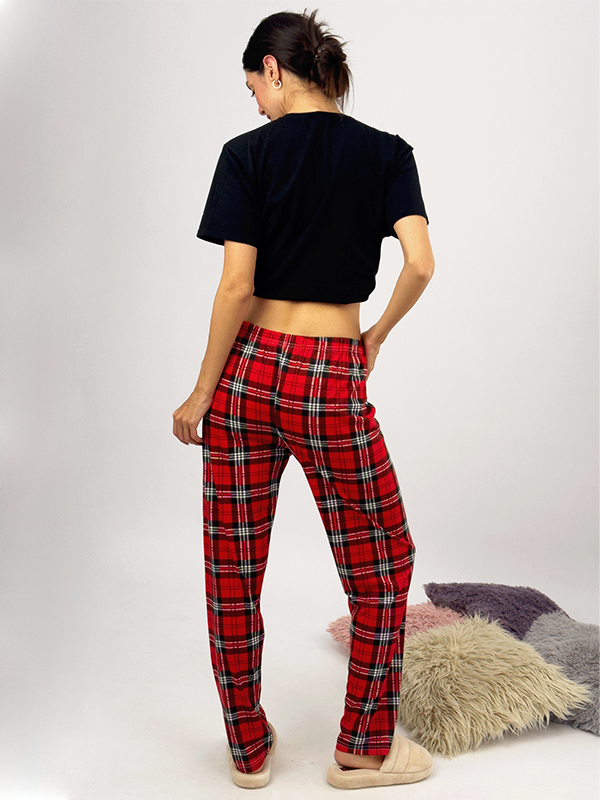 Kadın Lastikli Bel %100 Pamuk Kurdeleli Desenli Pijama Altı KIRMIZI - M