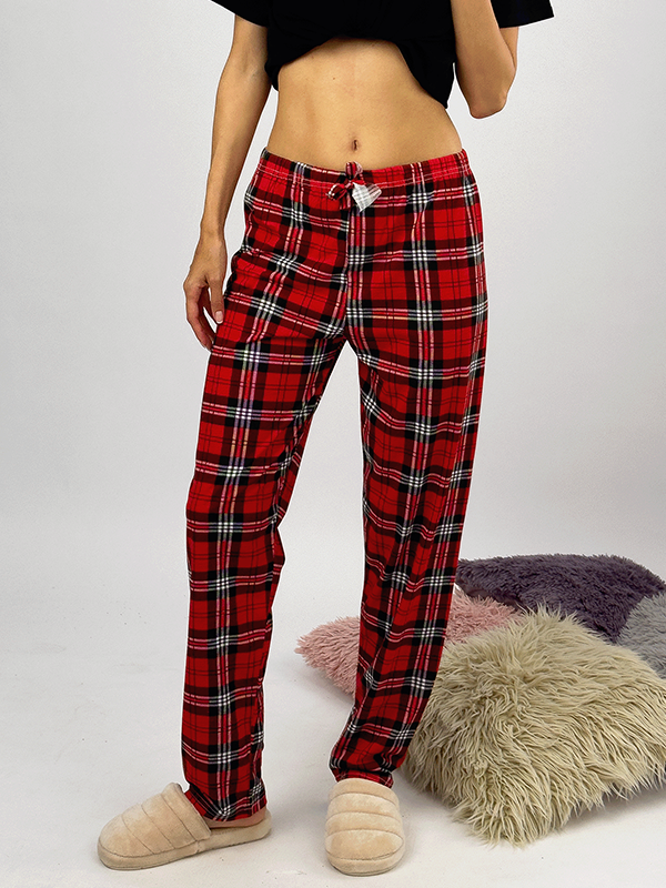 Kadın Lastikli Bel %100 Pamuk Kurdeleli Desenli Pijama Altı KIRMIZI - M