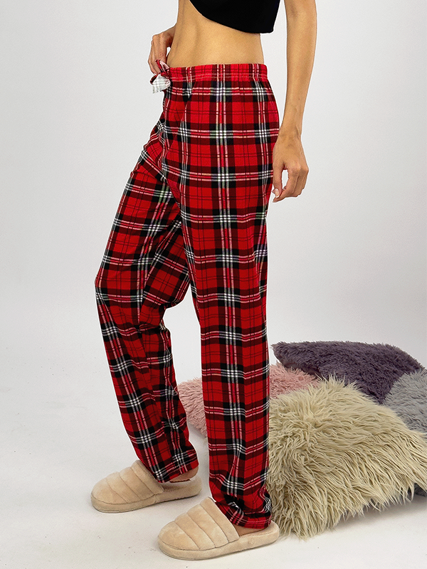 Kadın Lastikli Bel %100 Pamuk Kurdeleli Desenli Pijama Altı KIRMIZI - M