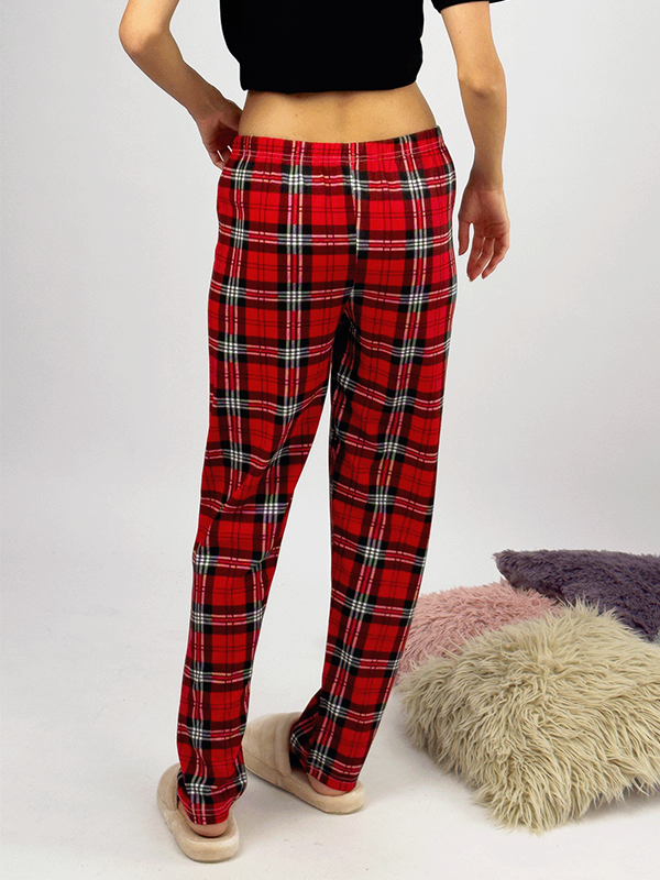 Kadın Lastikli Bel %100 Pamuk Kurdeleli Desenli Pijama Altı KIRMIZI - M