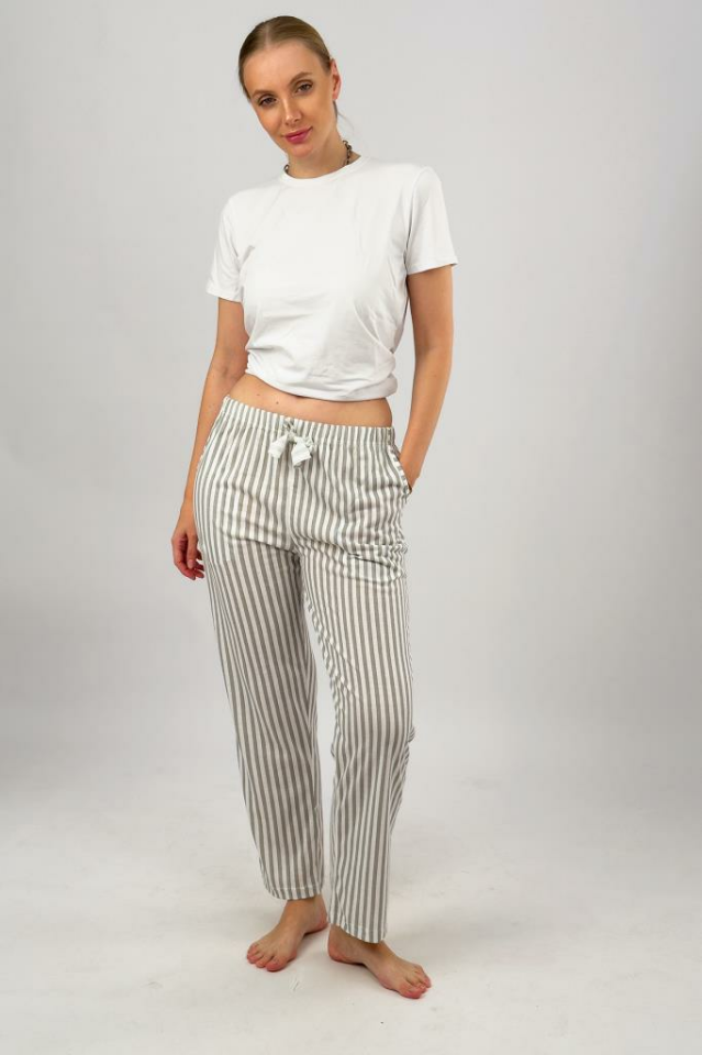 Kadın Cepli Pamuklu Lastikli Bel Kurdeleli Desenli Pijama Altı Gri Çizgili - 3XL