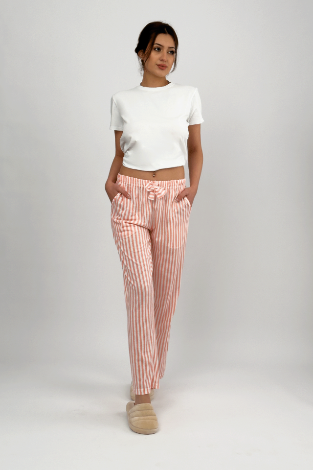 Kadın Cepli Pamuklu Lastikli Bel Kurdeleli Desenli Pijama Altı Somon Çizgili - 3XL