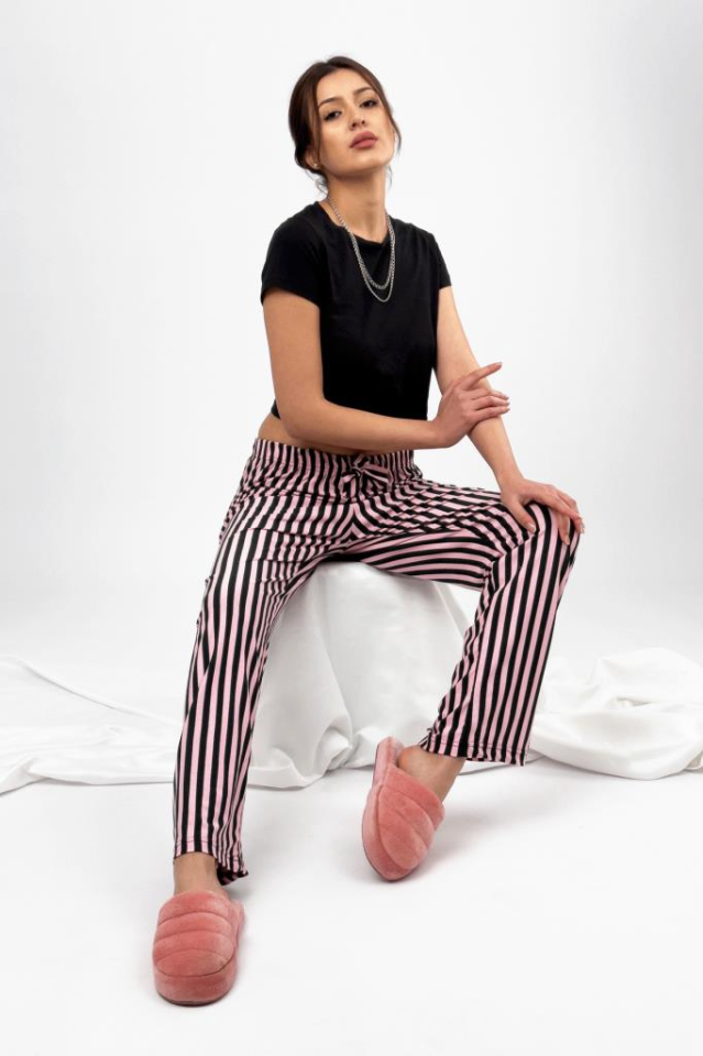 Kadın Kadife Pijama Altı Eşofman Pamuklu Pembe Siyah Çizgili - 3XL