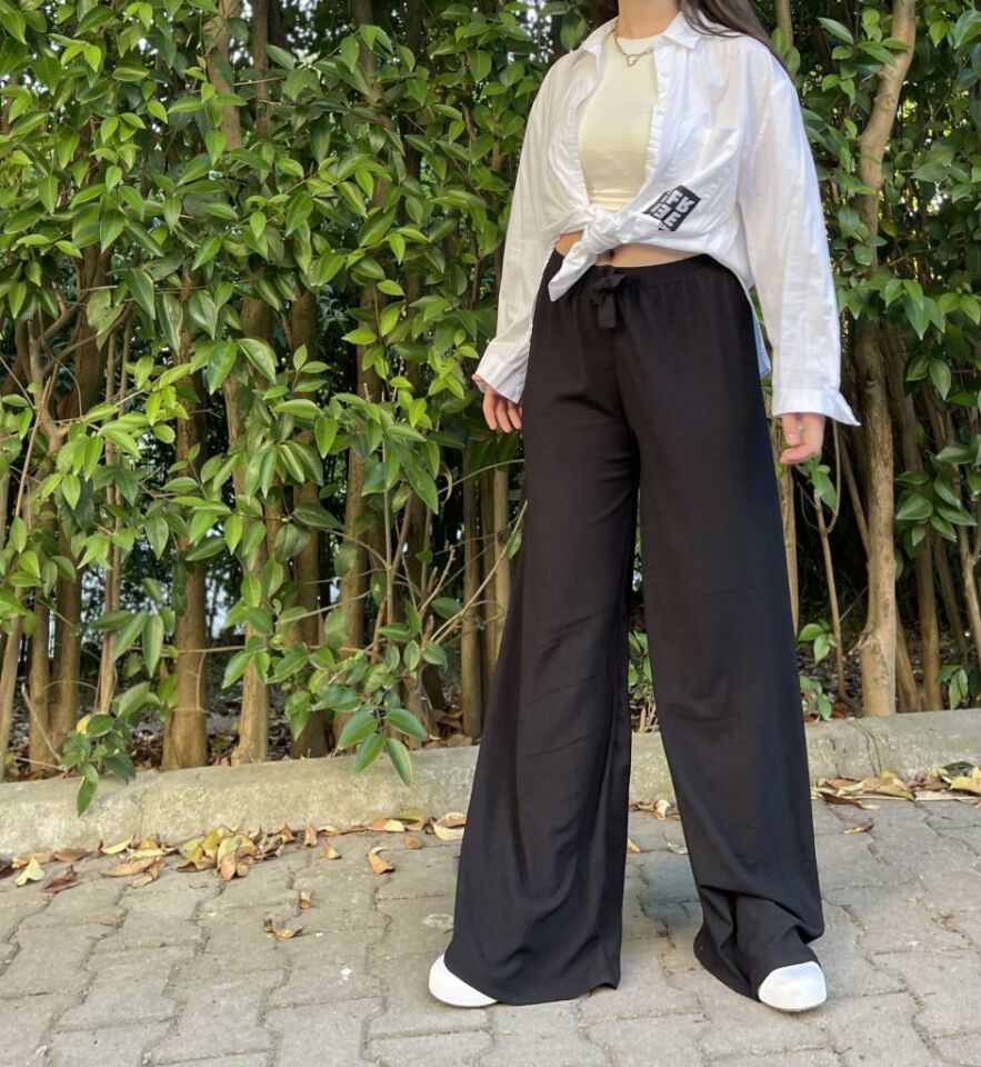 Betimoda Kadın Beli Lastikli Bol Paça Oversize Bürümcük Kumaş Uzun Pantolon SİYAH - S
