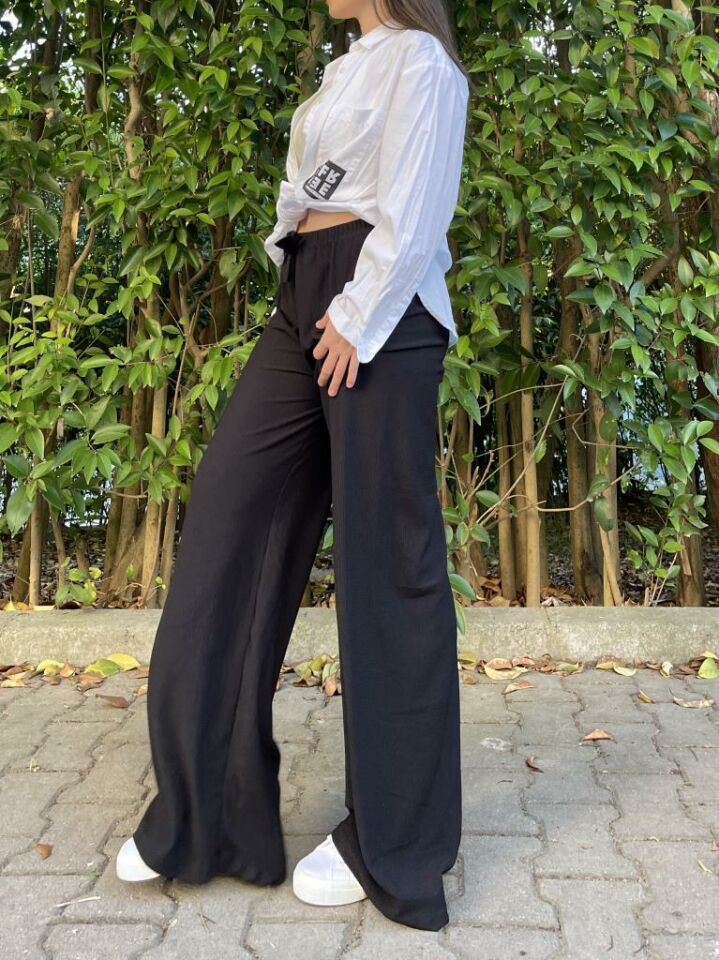 Betimoda Kadın Beli Lastikli Bol Paça Oversize Bürümcük Kumaş Uzun Pantolon SİYAH - S