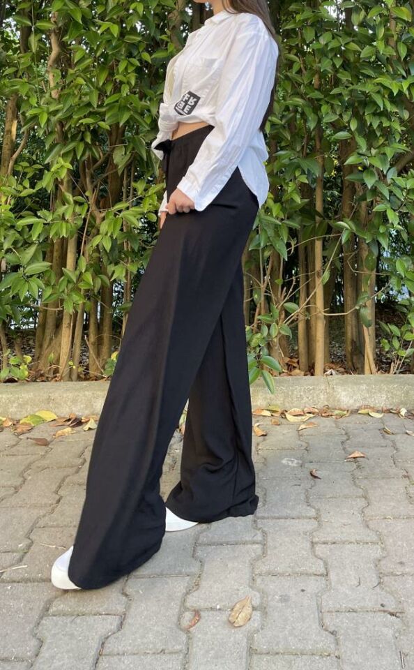 Betimoda Kadın Beli Lastikli Bol Paça Oversize Bürümcük Kumaş Uzun Pantolon SİYAH - S