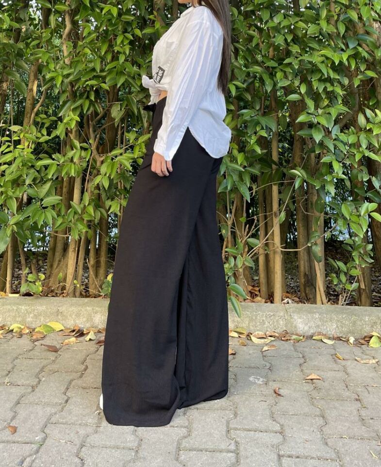 Betimoda Kadın Beli Lastikli Bol Paça Oversize Bürümcük Kumaş Uzun Pantolon SİYAH - S