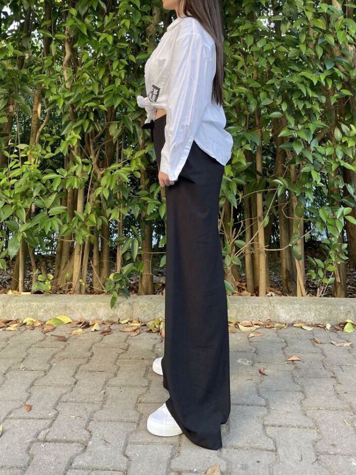 Betimoda Kadın Beli Lastikli Bol Paça Oversize Bürümcük Kumaş Uzun Pantolon SİYAH - S