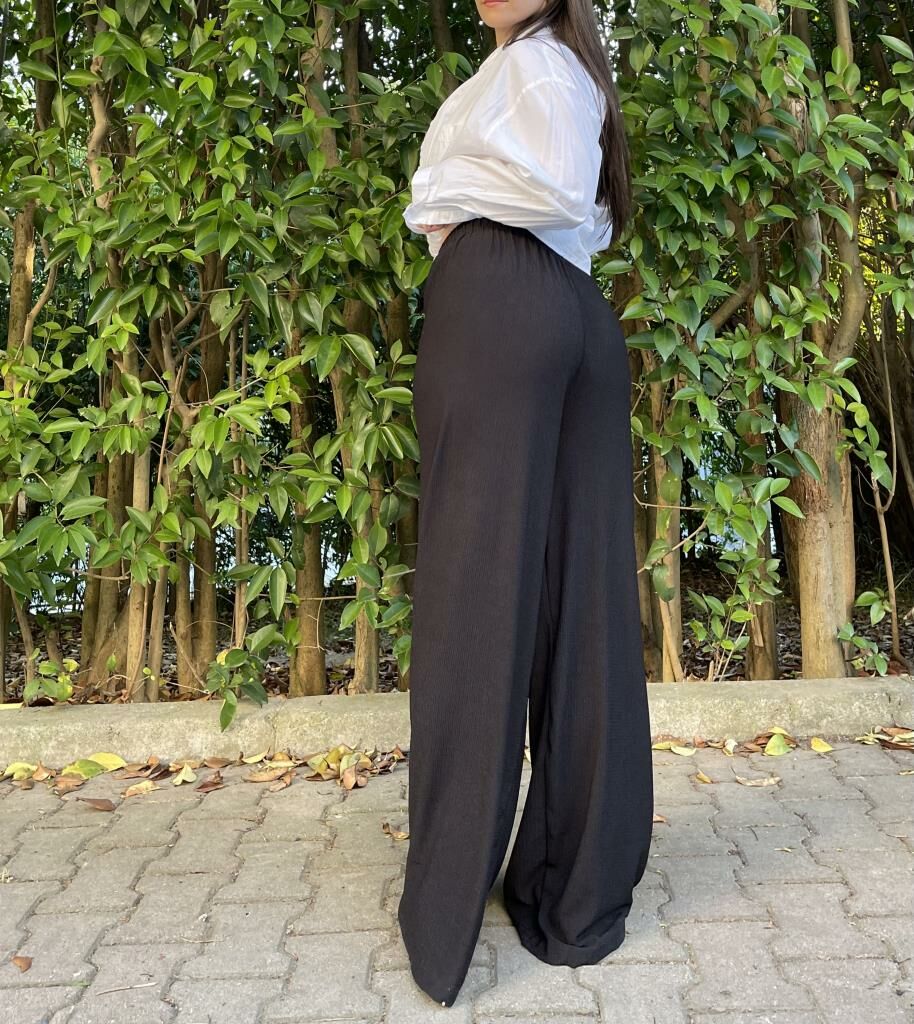 Betimoda Kadın Beli Lastikli Bol Paça Oversize Bürümcük Kumaş Uzun Pantolon SİYAH - S