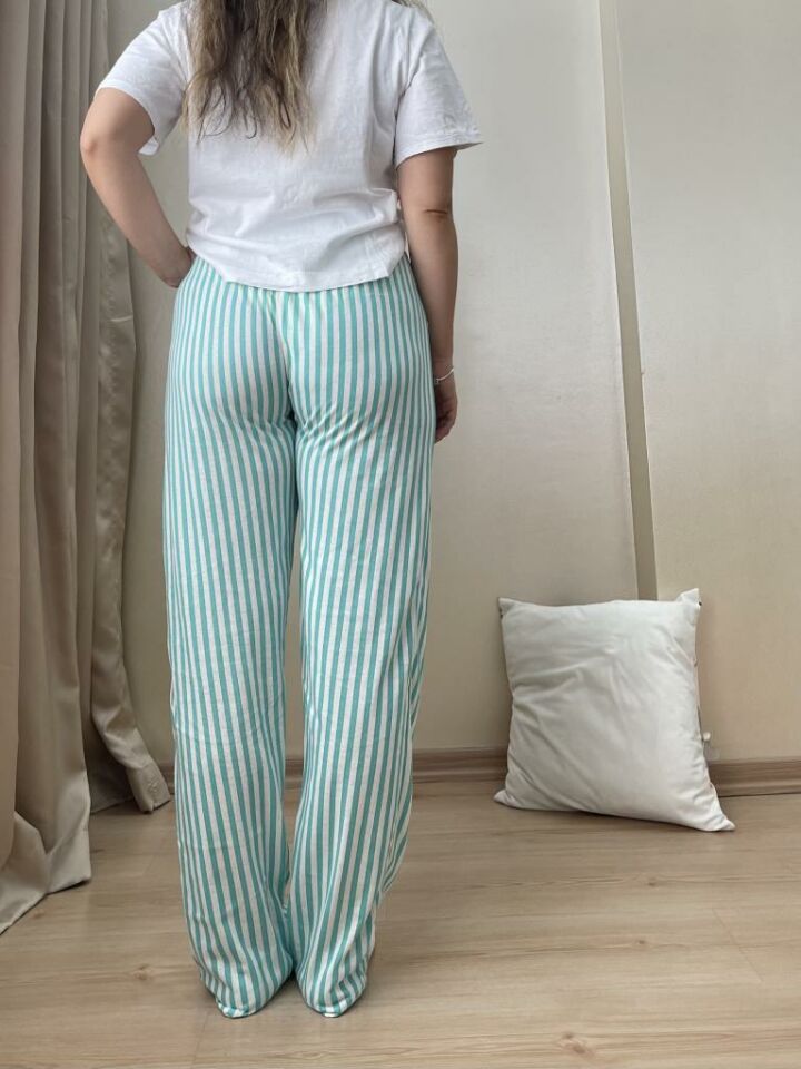 Kadın Cepli Pamuklu Lastikli Bel Kurdeleli Desenli Pijama Altı Nil Yeşili Çizgili - L