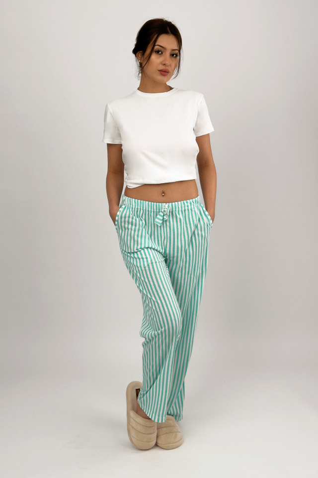 Kadın Cepli Pamuklu Lastikli Bel Kurdeleli Desenli Pijama Altı Nil Yeşili Çizgili - 2XL