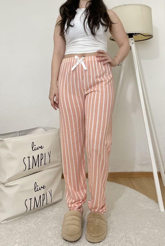 Betimoda Kadın Pijama Altı Kurdeleli Somon Çizgili - 5XL
