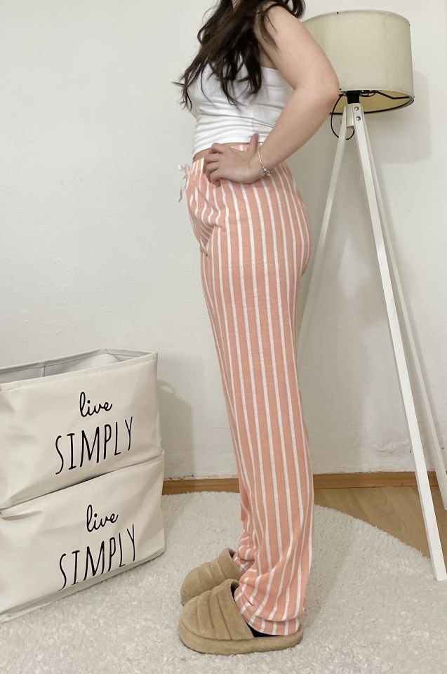 Betimoda Kadın Pijama Altı Kurdeleli Somon Çizgili - 5XL