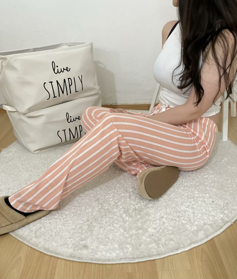 Betimoda Kadın Pijama Altı Kurdeleli Somon Çizgili - 3XL