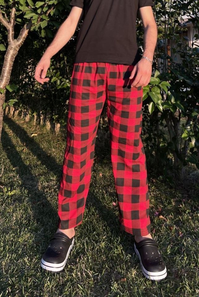 Erkek %100 Pamuk Cepsiz Beli Lastikli Pijama Altı Eşofman Kırmızı Pencere Kare - XL