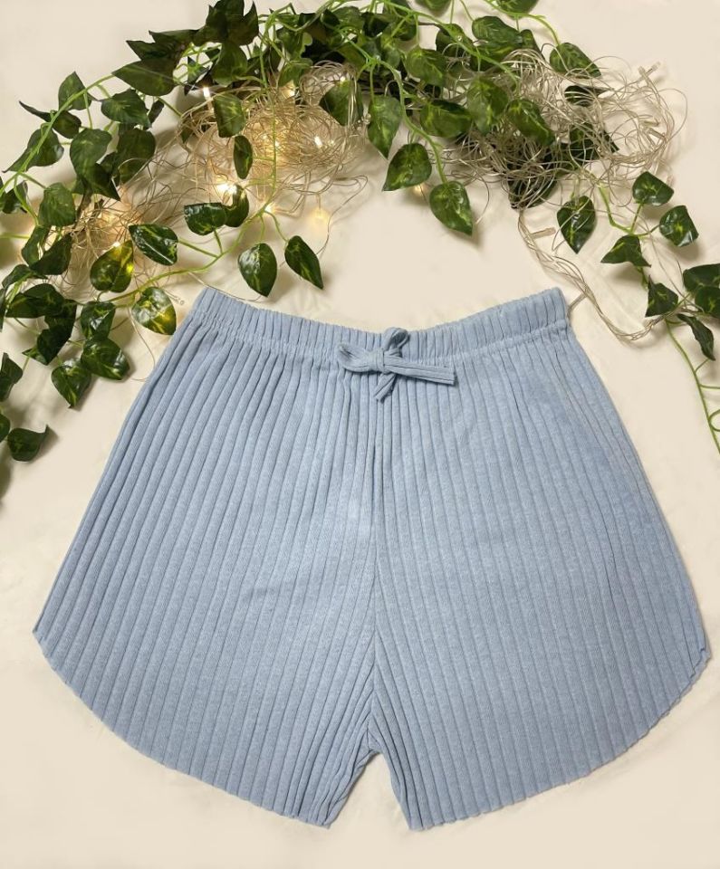 %100 Pamuk Kadın Fitilli Çizgili İnce Şort MF.Bebe Mavisi - M
