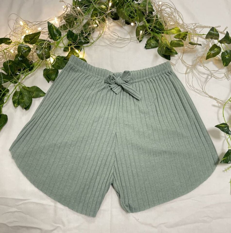 %100 Pamuk Kadın Fitilli Çizgili İnce Şort MF.Mint Yeşili - XL