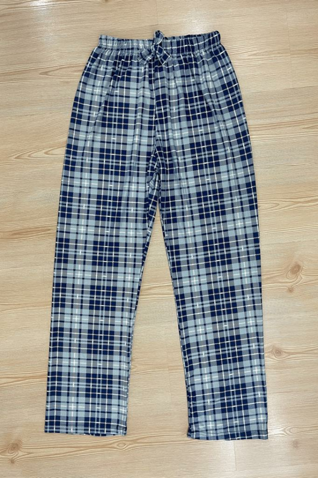 Kadın Kadife Pijama Altı Eşofman Pamuklu XL - Gri Mavi Kare