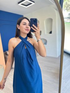 Çapraz Boyun Detaylı Saks Mavi Uzun Elbise