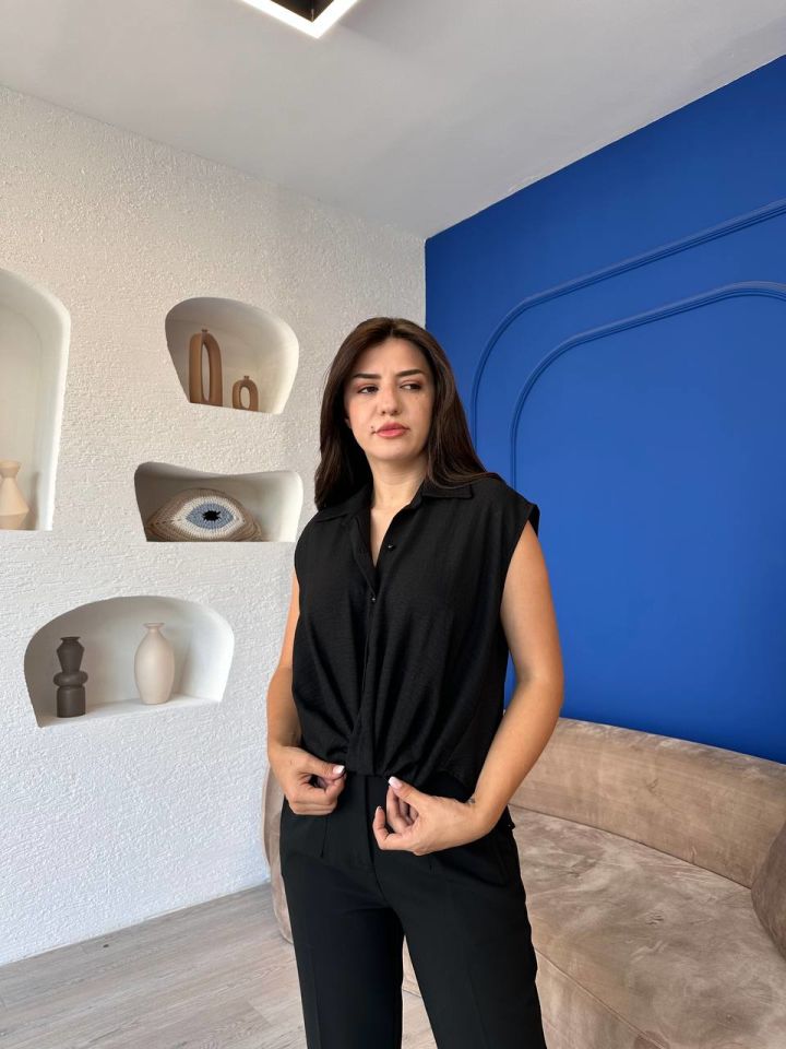 Siyah Kendinden Bağlamalı Gömlek