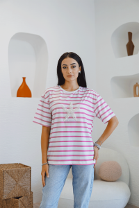 Beyaz Pembe Çizgili İnci Detaylı T-Shirt