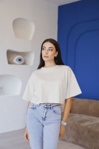 Krem Bol Kalıp Yarasa Kol T-Shirt