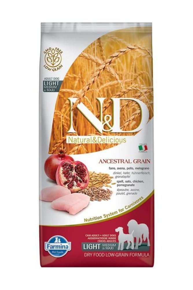 N&D Light Ancestral Grain Düşük Tahıllı Medium & Maxi Tavuklu Narlı 12 kg Yetişkin Köpek Maması