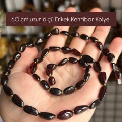 Damla Kehribar Kolye Yetişkin Erkek boy 60 cm uzun ölçü kolye