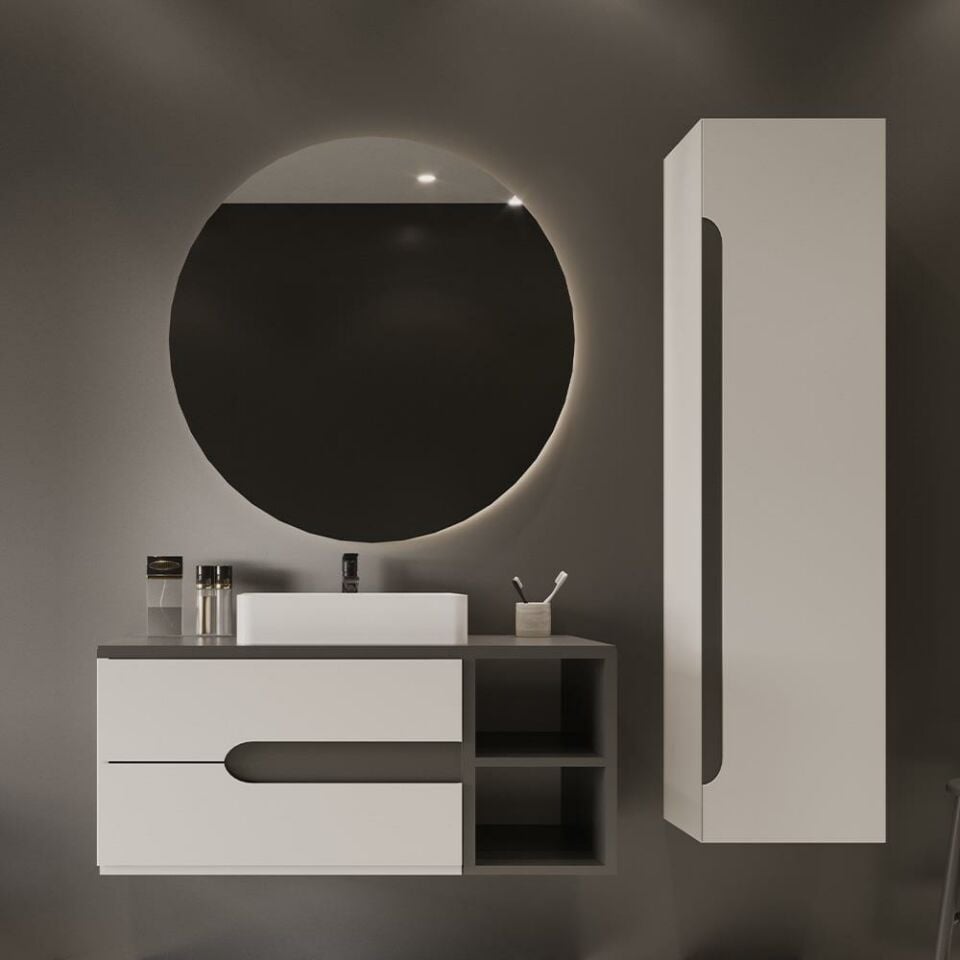 Teta Home Roza 100 cm MDF Banyo Dolabı Seti ve Boy Dolabı Beyaz-Antrasit