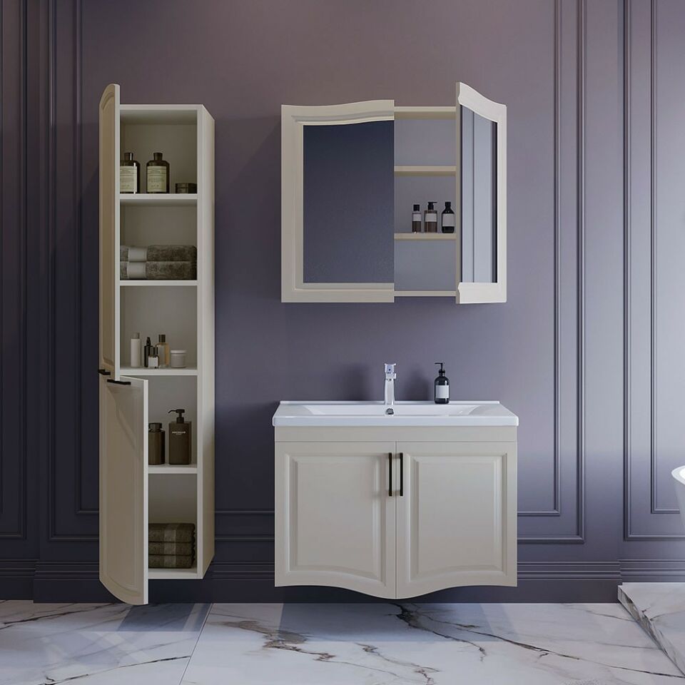 Teta Home Münih 80 cm Banyo Dolabı Seti ve Boy Dolabı Krem