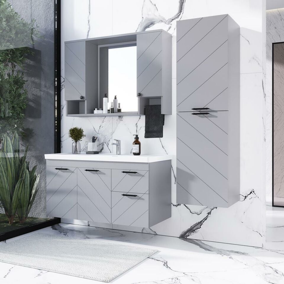 Teta Home Atina 100 cm Lake Banyo Dolabı Seti ve Boy Dolabı Sis gri