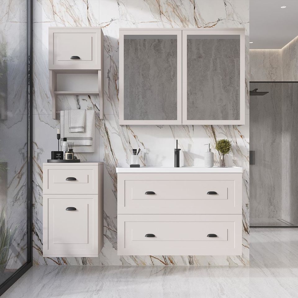 Teta Home Gündüz 80 cm MDF Banyo Dolabı Seti ve Boy Dolabı