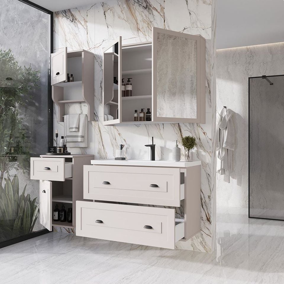 Teta Home Gündüz 80 cm MDF Banyo Dolabı Seti ve Boy Dolabı