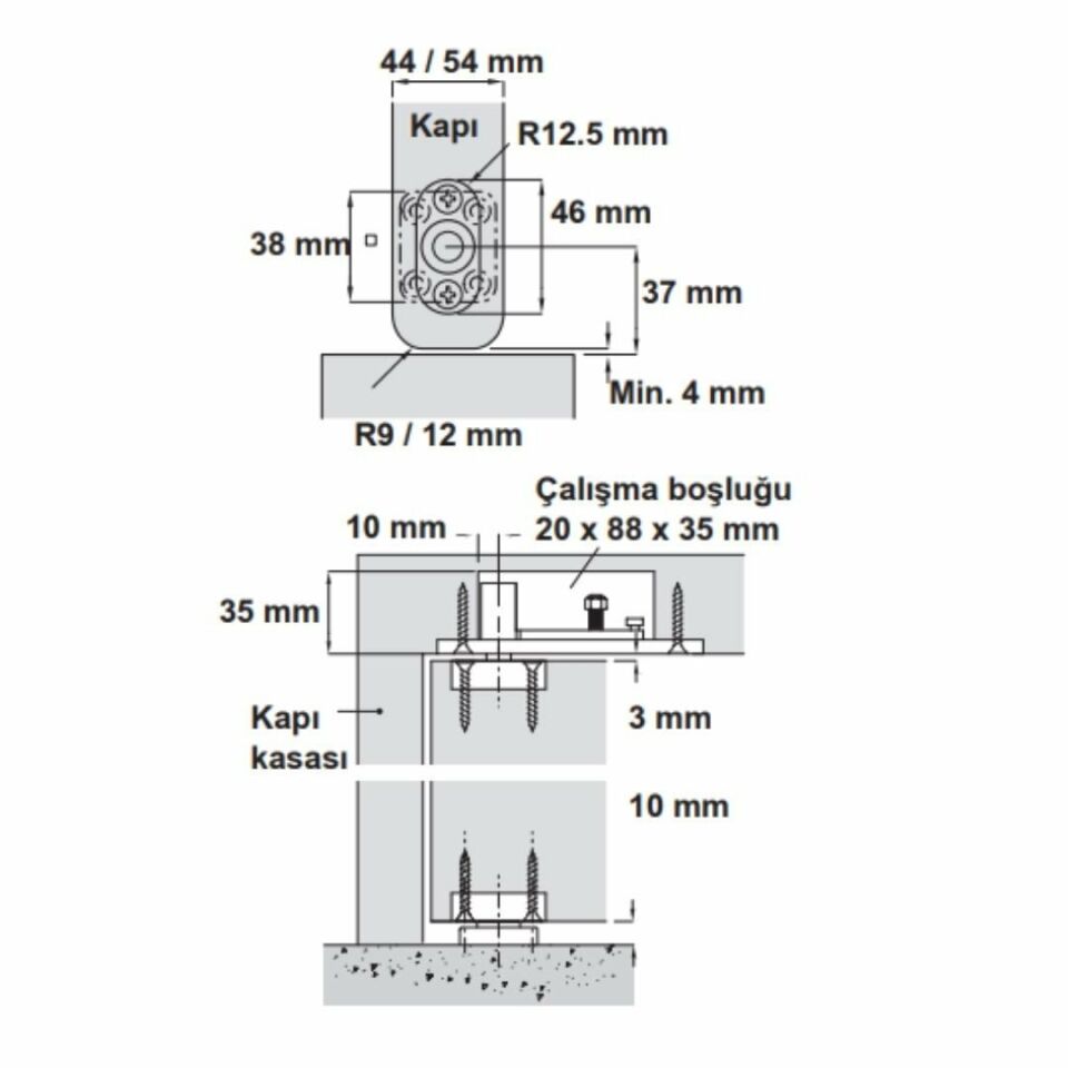 Hafele Zemine Monte Pivot Menteşe 80kg, Mat Paslanmaz Çelik Renk