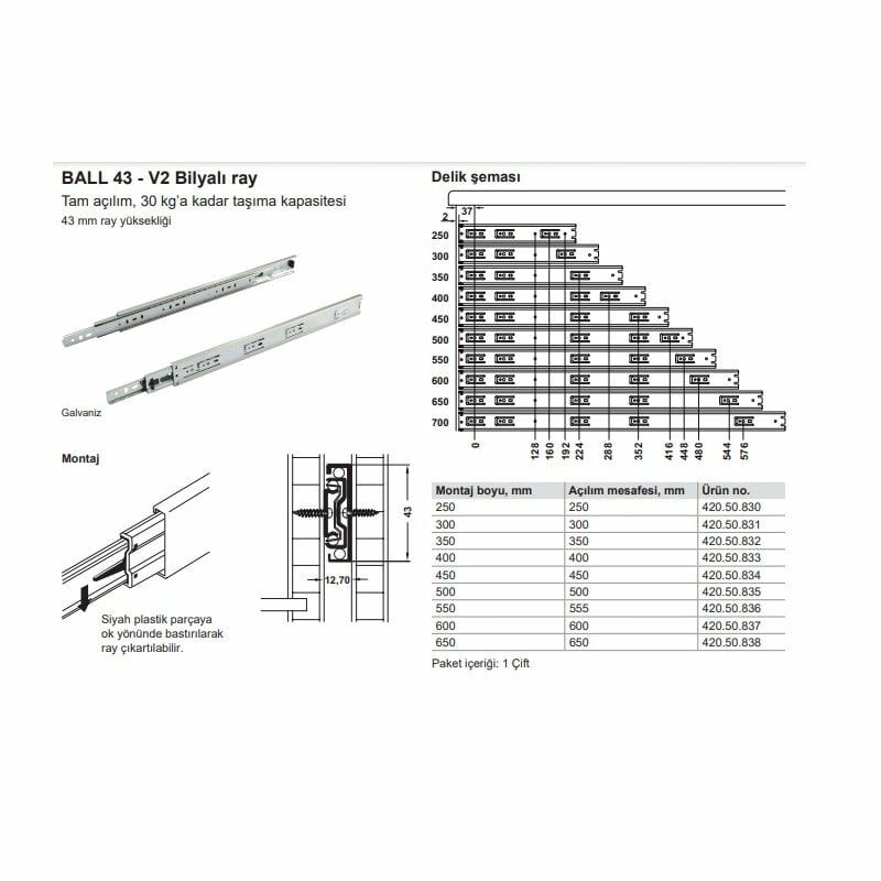 Hafele Bilyalı Ray Tam Açılım 30Kg Ball 43/300mm Galvaniz