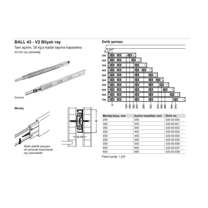 Hafele Bilyalı Ray Tam Açılım 30Kg Ball 35/300mm Galvaniz