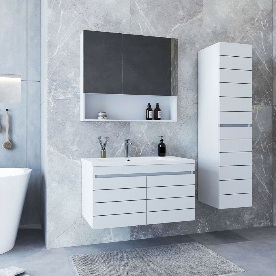 Teta Home Asya 80 CM Mdf Banyo Dolabı Seti + Boy Dolabı Beyaz