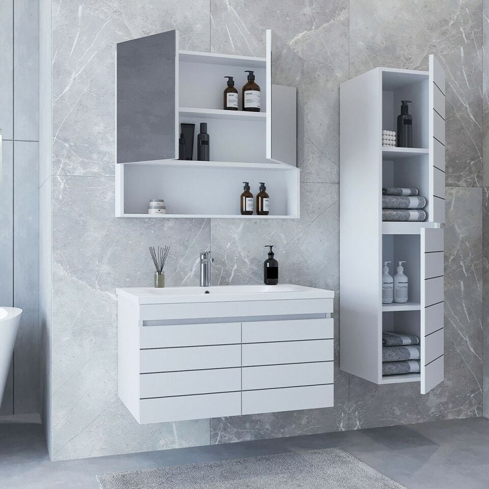 Teta Home Asya 80 CM Mdf Banyo Dolabı Seti + Boy Dolabı Beyaz