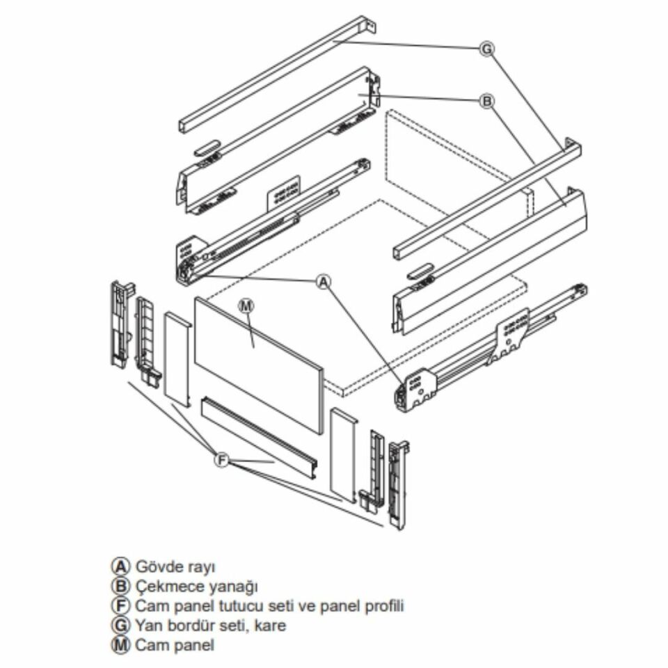 Hafele İç Çekmece Seti 60'lik Modül İçin Kare Bordürlü 45'lik Gri