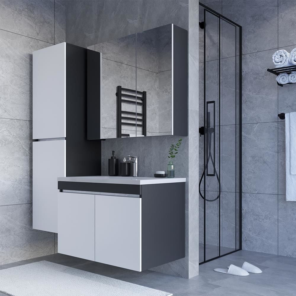 Teta Home Tokyo 65 Cm Mdf Banyo Dolabı Seti + Boy Dolabı Antrasit-Beyaz
