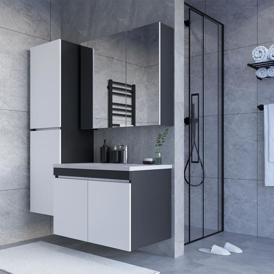 Teta Home Tokyo 65 Cm Mdf Banyo Dolabı Seti + Boy Dolabı Antrasit-Beyaz