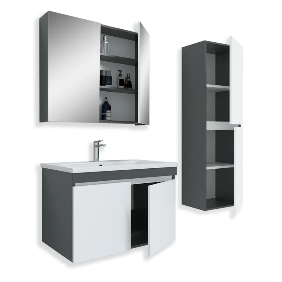Teta Home Tokyo 65 Cm Mdf Banyo Dolabı Seti + Boy Dolabı Antrasit-Beyaz